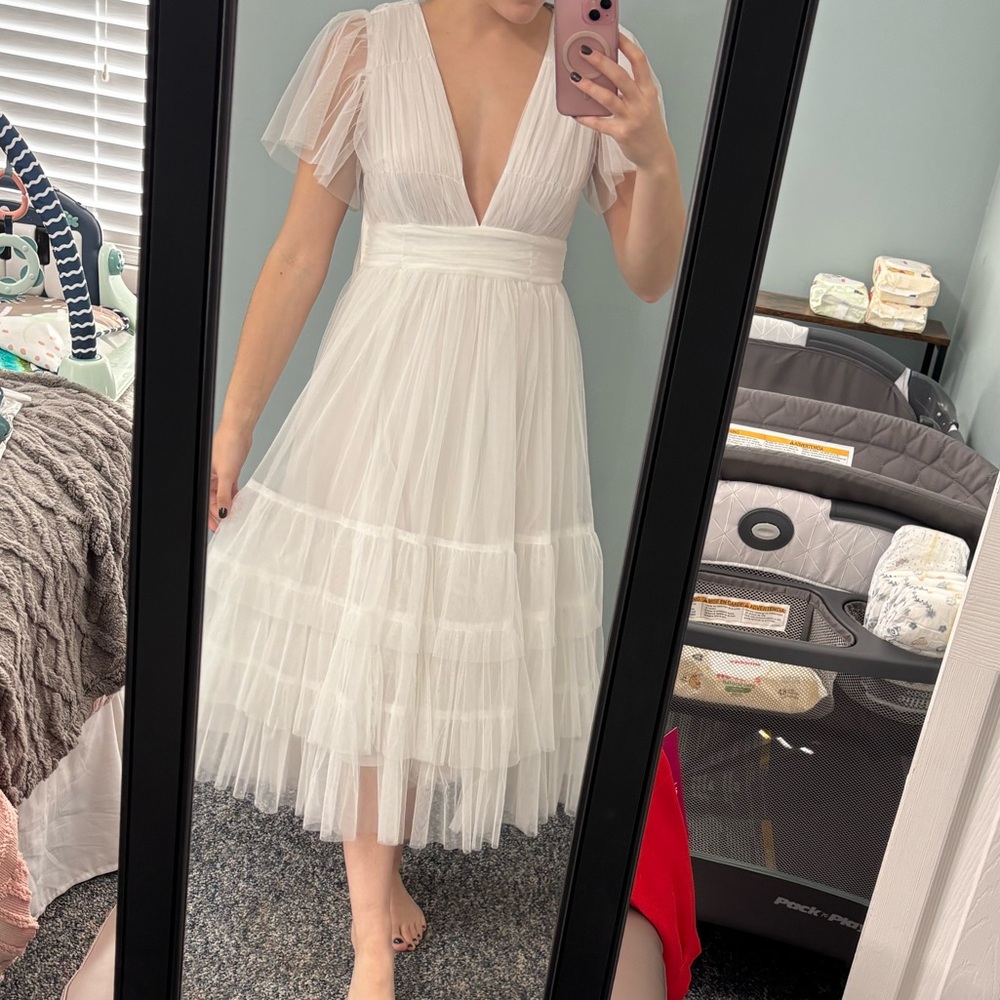 Showpo White Midi Dress with Sheer Sleeves